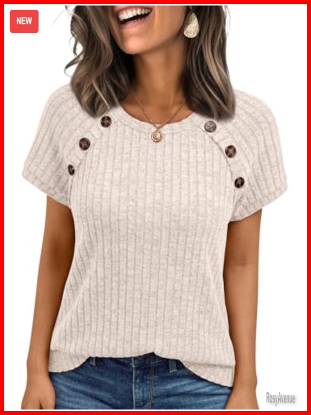 Women's Short Sleeve Decorative Button Tunic Top Crew Neck Pull On
